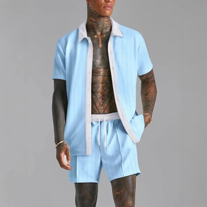 Men's Summer Casual Waffle Texture Color Block Short Sleeve Button Shirt And Drawstring Shorts Sporty Lounge Outfit