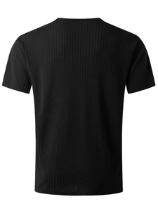 T-shirt Henley noir pour hommes, coupe ajustée, maille côtelée, vue de dos détaillée