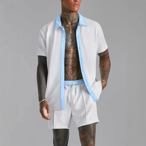 Men's casual white waffle knit shirt and shorts set with sky blue contrast trim detail