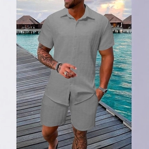 Men's grey waffle knit summer set featuring short sleeve button shirt and casual shorts