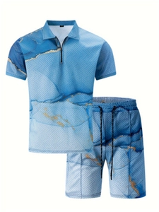 Detail view of men's polo set featuring blue marble 3D print and zipper collar