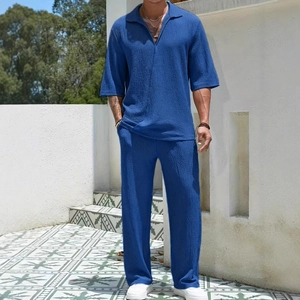 Hommes Décontracté Mature Polyester Texture Froissée Haut Et Bas Manches Courtes Col En V À Revers Chemise Pantalon Long Vacances Ample Costume