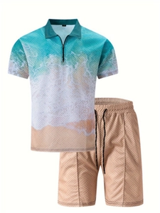 Detail of 3D ocean gradient printed polo shirt and drawstring shorts for men