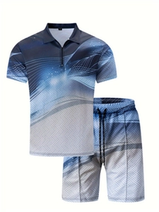 Detailed macro view of 3D blue gradient geometric print on men's short sleeve polo set