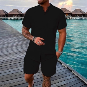 Set estivo nero da uomo con camicia a collo alla coreana e pantaloncini da spiaggia