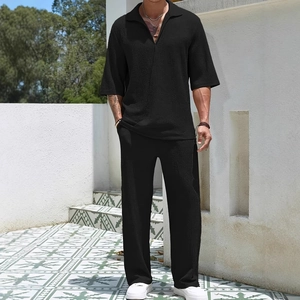 Ensemble d'été décontracté pour hommes avec chemise noire à manches courtes et pantalon