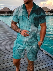Men's summer 2-piece set with teal abstract marble print polo and matching shorts