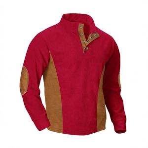 Sudadera de pana roja para hombre con parches de contraste y cuello estilo henley