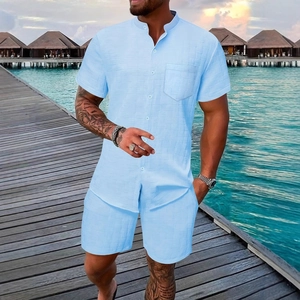 Completo Casual Estivo da Uomo Jacquard a Nido d'Ape Camicia a Maniche Corte con Colletto alla Coreana e Pantaloncini Coordinati Top And Bottom per Vacanza al Mare