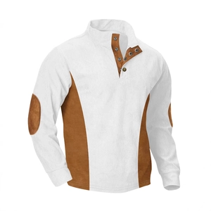 Sudadera retro de pana para hombre en blanco y marrón con cuello alto y parches en los codos