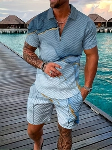 Men's summer 2-piece polo and shorts set with 3D geometric texture in light blue