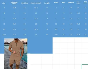 Detailed size chart for men's summer polo shirt and shorts set with precise measurements