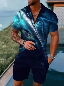 Men's summer set with 3D gradient wave print, zip-up shirt and matching shorts