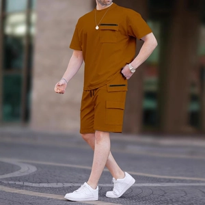 Men Casual Sports T-Shirt Shorts Set Solid Color Spliced Zip Pocket Summer Two Piece Top And Bottom