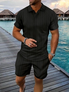 Detail of men's black knit polo set with luxury 3D diamond texture for summer leisure