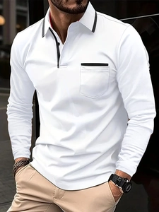 Slim fit men's long sleeve polo shirt in white with black contrast trim and chest pocket