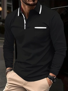 Men's slim fit black long sleeve polo shirt with white contrast trim and chest pocket