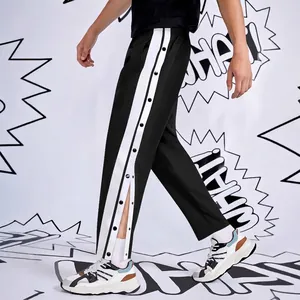 Men's black hip-hop straight trousers with white side stripes and side button details