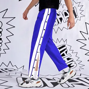 Men's blue hip-hop straight trousers with white side stripes and snap buttons