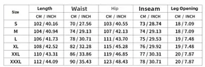 Detailed size chart for men's casual striped straight trousers from size S to XXXL