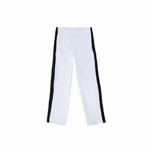 Men's casual white straight-leg trousers with classic side black stripes and drawstring