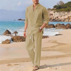 Men's khaki linen two-piece set featuring long sleeve Henley shirt and drawstring pants