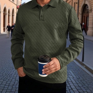 Men's dark green long sleeve polo shirt featuring classic herringbone knit texture and collar