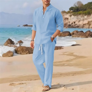Men's light blue linen 2-piece set featuring a stand collar shirt and drawstring pants