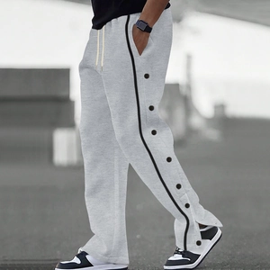 Men's light grey casual sports pants with side snap buttons and drawstring waist