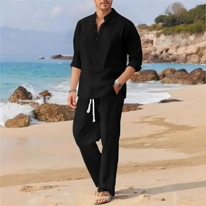 Men's black linen beach set with long sleeve henley shirt and drawstring pants