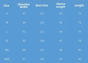 Detailed size chart for men's vintage workwear jacket and trousers set from S to 3XL