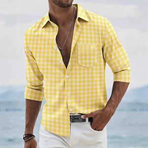 Men's yellow gingham long sleeve casual shirt with chest pocket and white buttons