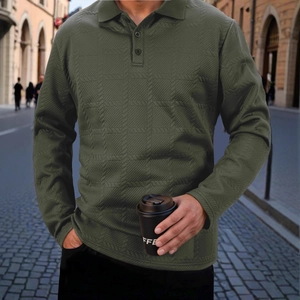 Men's dark green long sleeve polo shirt featuring premium textured knit and slim fit