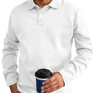 Men's long sleeve white Polo shirt with classic collar and textured jacquard pattern