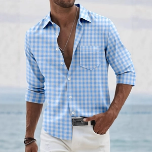Men Business Casual Long Sleeve Plaid Shirt Cotton Blend Pocket Loose Fit Fashion Gingham Turn-down Collar Office Men Shirt Top