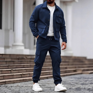 Men's navy utility workwear jacket and cargo pants two-piece set for outdoor style