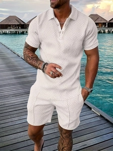 Men's summer casual polo and shorts set in beige with textured geometric jacquard