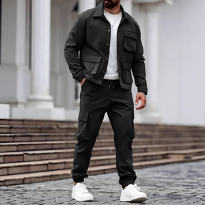 Mens heavy duty retro cargo jacket and multi-pocket pants two piece outfit set
