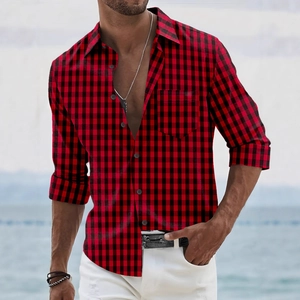 Classic red and black buffalo plaid men's long sleeve casual shirt with chest pocket