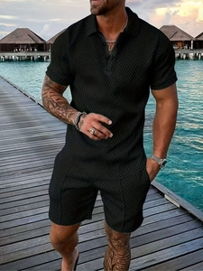 Men's summer casual two-piece beach set with geometric jacquard texture and polo collar