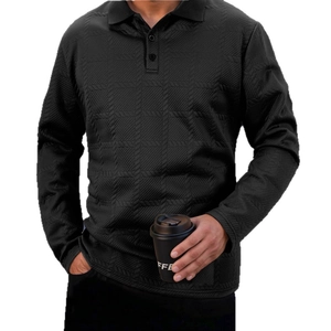 Men's black long sleeve polo shirt with 3D geometric jacquard texture and classic collar