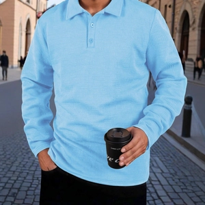 Men's Casual Long Sleeve Polo Shirt Waffle Knit Texture Solid Color Lapel Button Down Fashion Autumn Top For Everyday Wear