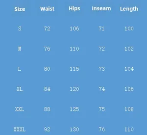 Detailed size chart for men's casual jacquard pants from S to 3XL with measurements
