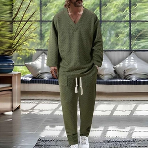 Detail of olive green waffle knit fabric on men's long sleeve loungewear set with drawstring