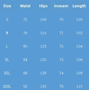 Detailed men's linen pants size chart showing waist, hips, inseam and length measurements