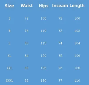 Detailed size chart for men's retro flight jacket trousers from size S to XXXL