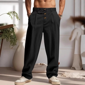 Pantaloni da uomo in lino nero a gamba dritta con coulisse in vita e bottoni in legno