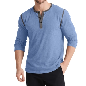 Light blue long sleeve Henley shirt for men with contrasting gray placket and three buttons