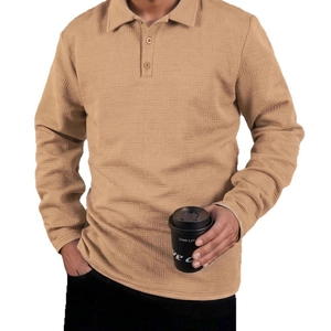 Polo da uomo a maniche lunghe color kaki con trama a nido d'ape e colletto classico