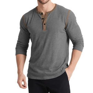 Men's retro long sleeve Henley shirt in dark gray with contrast brown patchwork details